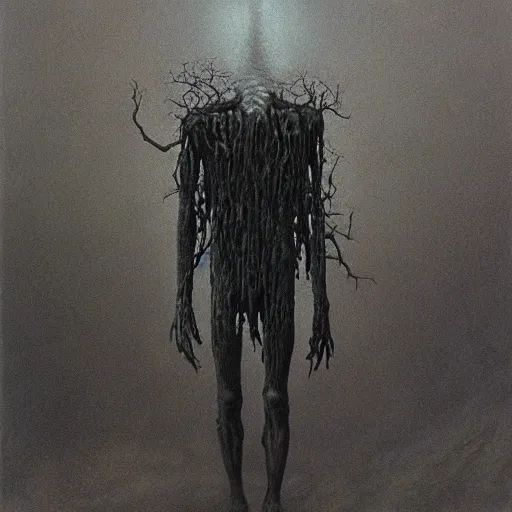 Image similar to zombie by Zdzisław Beksiński, oil on canvas