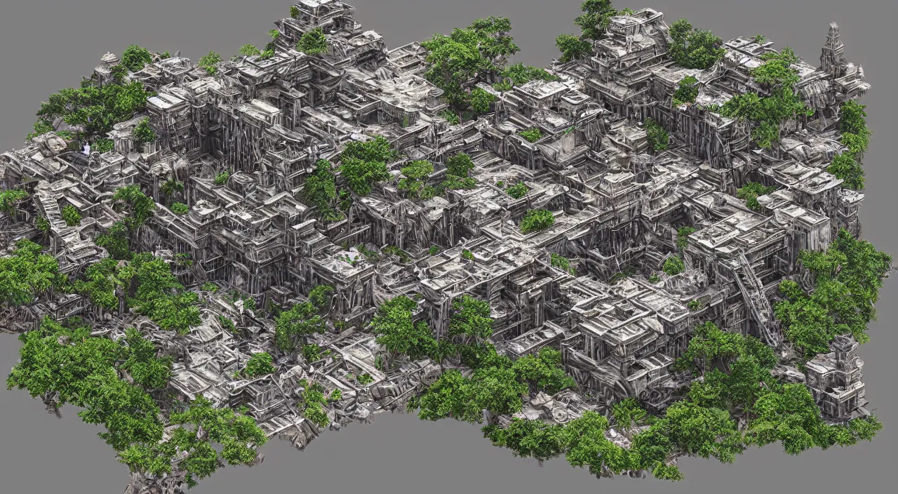 Image similar to wood fortress greeble block amazon jungle accadamy of tower cristal global illumination ray tracing