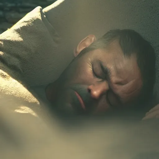 Image similar to close - up of a priest sleeping in a large clay pot, foggy, sun rays, cinematic shot, photo still from movie by denis villeneuve