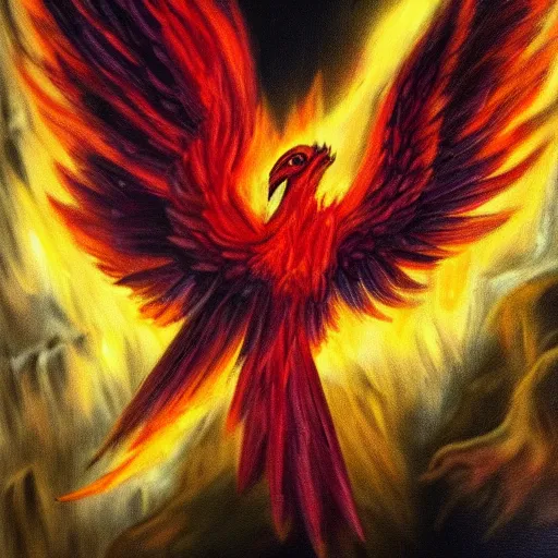 Prompt: bright flame pheonix in a dark cave, oil paint, detailed, high quality