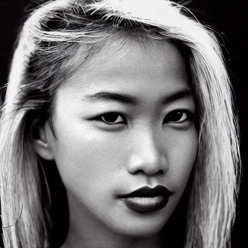 Prompt: black and white vogue closeup portrait by herb ritts of a beautiful female model, thai, high contrast