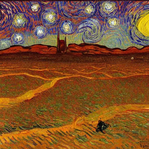 Prompt: starry night on mars, red dust, snakes, dim distant light, towers, painting by van gogh