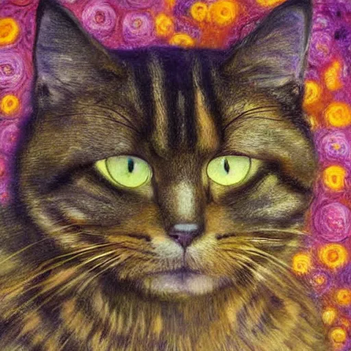 Image similar to portrait of a very fluffy dark tabby cat with green eyes, happy cat, canned food, moonlight, full body, smiling cat, golden colors, flowers, intricate, elegant, highly detailed, smooth, sharp focus, illustration, art by gustav klimt