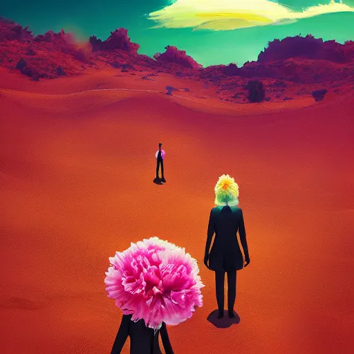 Image similar to giant carnation flower head girl, suit, desert, surreal photography, sunrise, dramatic light, impressionist painting, digital painting, artstation, simon stalenhag