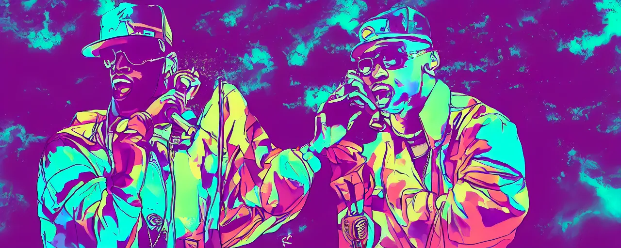 Image similar to rapper holds microphone straight out, digital art, vapor wave, hip hop, psychedelic, surreal, trending on Artstation, professional artist, detailed, 4k