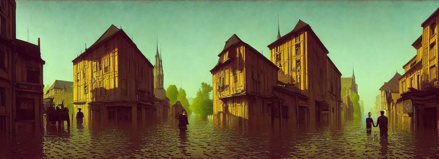 Image similar to flooded old wooden city street, very coherent and colorful high contrast masterpiece by rene magritte simon stalenhag carl spitzweg jim burns, full - length view, dark shadows, sunny day, hard lighting, reference sheet white background