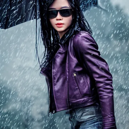 Image similar to photo of a gorgeous wet asian female with long dark purple hair in the style of stefan kostic, realistic, cyberpunk, leather jacket, aviators, mask, nighttime, rain storm, body shot, sharp focus, 8 k high definition, insanely detailed, intricate, elegant, art by stanley lau and artgerm, floating embers