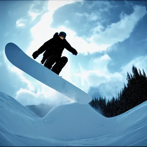 Prompt: jesus snowboarding on puffy volumetric clouds, volumetric illumination, dramatic lightning, 3 d, cinematic, 8 k