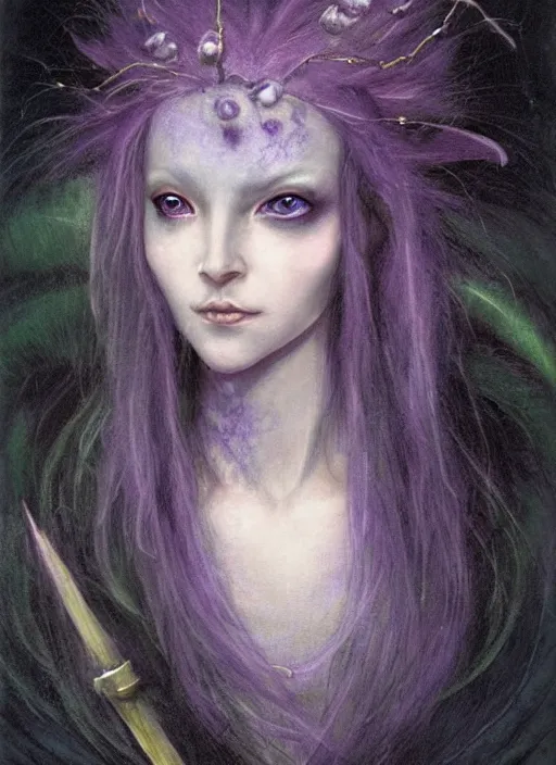 Image similar to portrait of young female sorceress of the endtimes, transluscent skin, lavender hair, beautiful! coherent! dungeons and dragons character, by brian froud, strong line, cool night color, high contrast