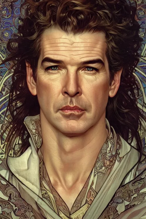 Prompt: realistic detailed face portrait of Pierce Brosnan by Alphonse Mucha, Ayami Kojima, Amano, Charlie Bowater, Karol Bak, Greg Hildebrandt, Jean Delville, and Mark Brooks, Art Nouveau, Neo-Gothic, gothic, rich deep moody color