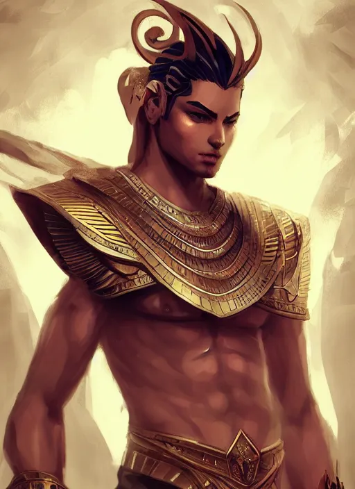 Prompt: detailed beautiful cool male character art depicting a god, egyptian, concept art, depth of field, on amino, by sakimichan patreon, wlop, weibo, bcy. net, colorhub. me high quality art on artstation.