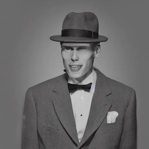 Image similar to A photograph portrait of Jerma985 wearing a suit with and fedora in the 1950s, taken in the early 1950s, grainy, taken on a 1950s Kodak Camera, realistic, hyperrealistic, very realistic, highly detailed, very detailed, extremely detailed, detailed, digital art, trending on artstation