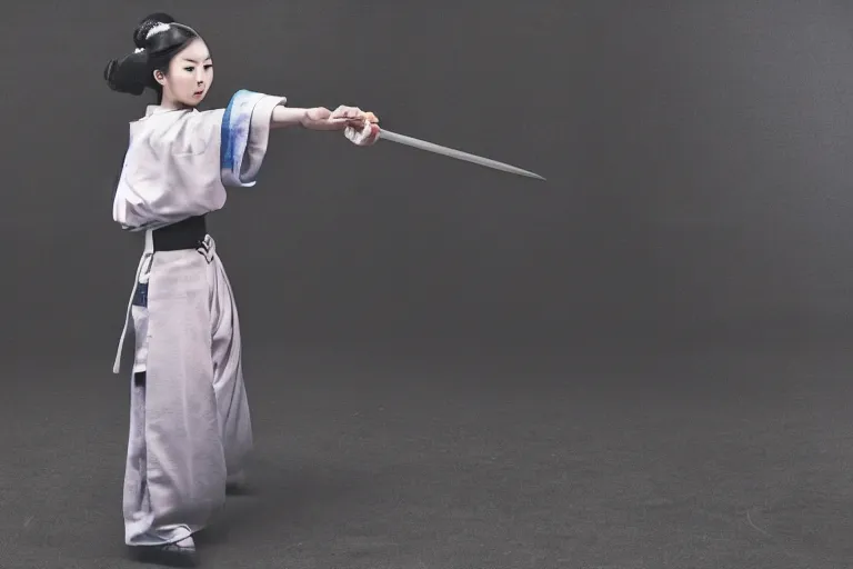 Image similar to beautiful photo of a young modern geisha samurai warrior practising the sword, mid action swing, beautiful eyes, shining silver katana sword, award winning photo, muted pastels, action photography, 1 / 1 2 5 shutter speed, dramatic lighting