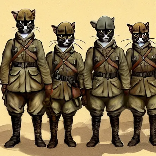 Image similar to soldier cats in British WWI gear waiting in the trenches for the next battle, 4k, concept art, artstation,