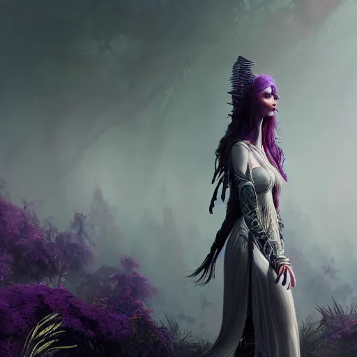 Prompt: picture generation, soft painting curiosities ornaments synthwave, beautiful elven female warrior in full long dress, accurate features, focus, very intricate ultrafine details, black white purple volumetric clouds, award winning masterpiece, octane render 8 k hd, tom bagshaw artstyle, fantasy forest