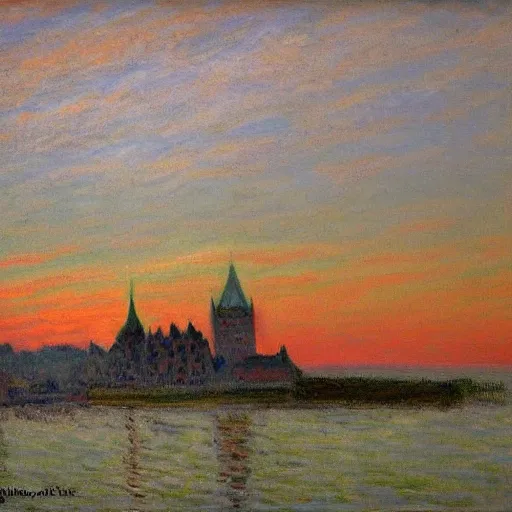 Image similar to quebec city!!! by claude monet! red sky!! misty!! fog! realistic! mysterious!!-H 800 - W 1080