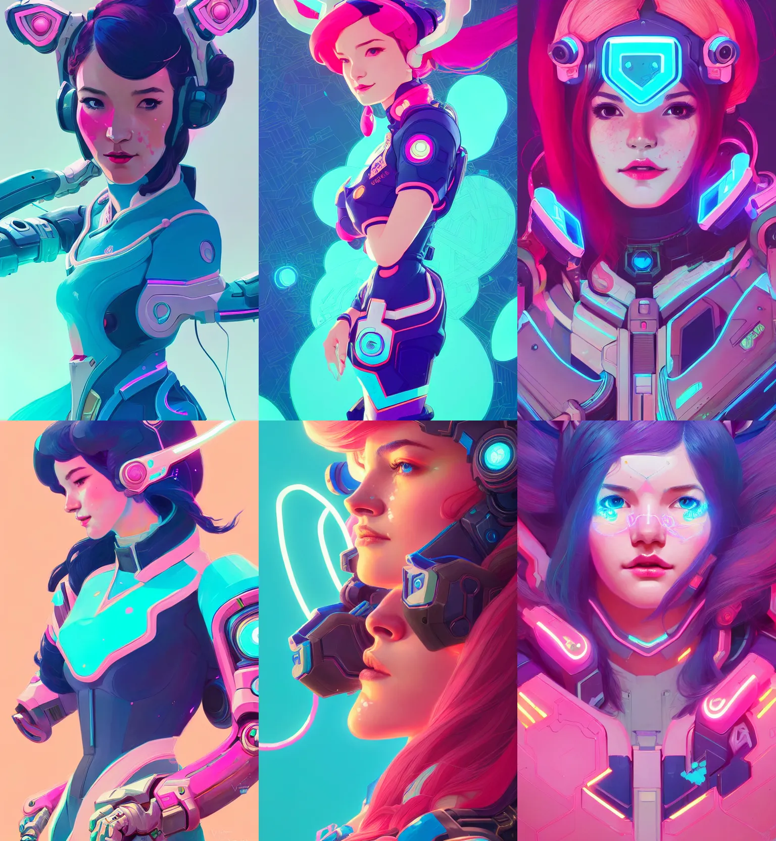 Prompt: portrait of beautiful d. va from overwatch, blue eyes, artstation winner by victo ngai, kilian eng and by jake parker, by conrad roset, swirly vibrant color lines, winning award masterpiece, fantastically gaudy, aesthetic octane render, 8 k hd resolution