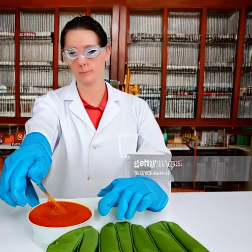 Prompt: chemist turns vinyl gloves into hot sauce, stock photo