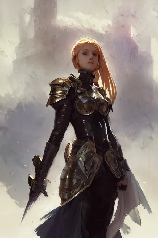 Prompt: epic pretty young girl saber fate stay night, portrait in armour by greg rutkowski and craig mullins