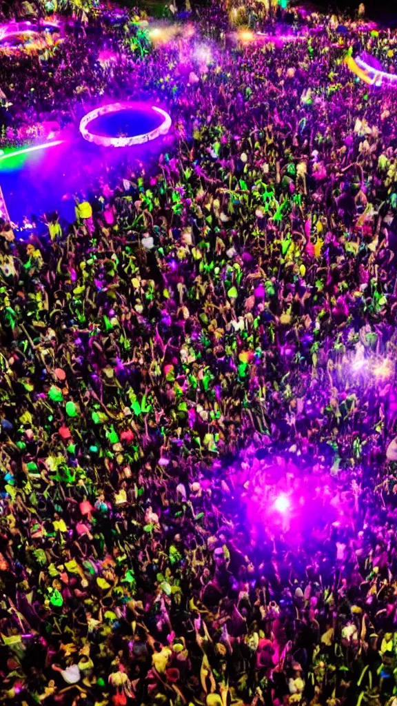 Image similar to a crowded park outside, where a rave is going on, disco lighting, photography,