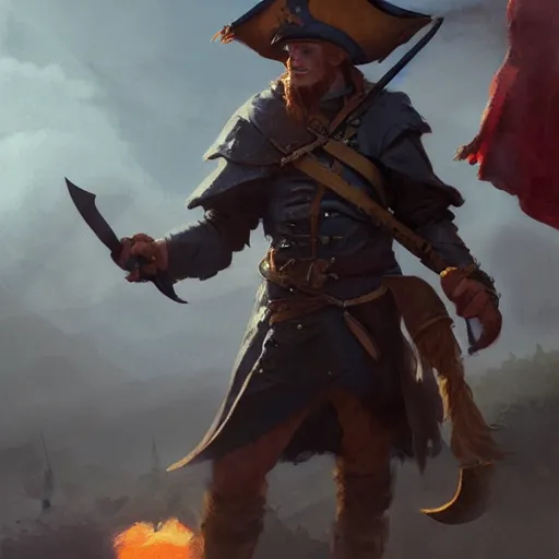 Image similar to amazing lifelike illustration of heroic handsome charming ginger rogue, long slender pointed ears, wearing a tricorne pirate captain hat, naval background, award-winning art by Greg Rutkowski