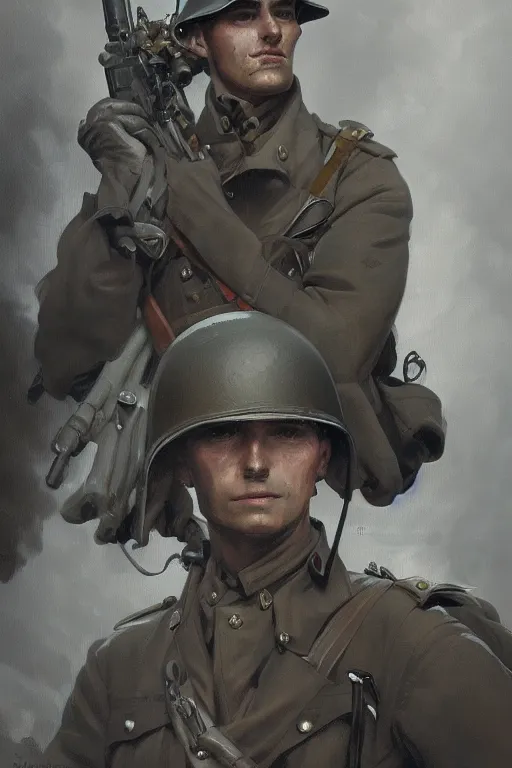Image similar to A full portrait of a german world war two soldier, intricate, elegant, highly detailed, digital painting, artstation, concept art, smooth, sharp focus, illustration, art by Krenz Cushart and Artem Demura and alphonse mucha