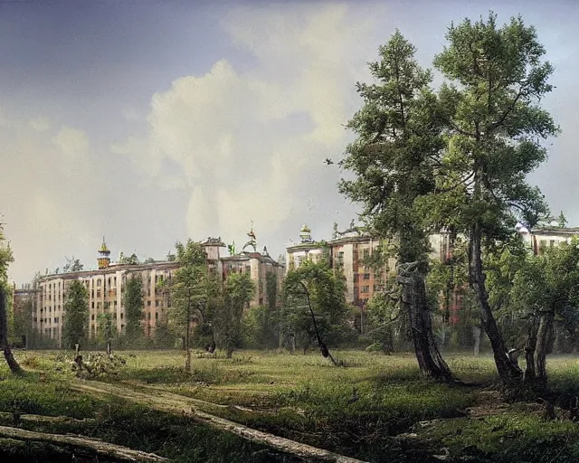 Image similar to beautiful matte painting of cute soviet block of flats hrushevka in end of forest by ivan shishkin