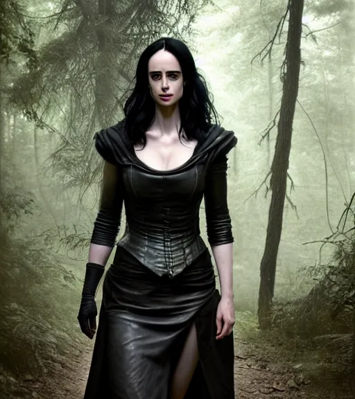 Image similar to 5 5 mm portrait photo of krysten ritter as yennefer of vengerberg in black leather armor and black hair, in a forest. magical atmosphere. art by greg rutkowski. lifelike. very detailed 8 k. intricate. soft light. nikon d 8 5 0.