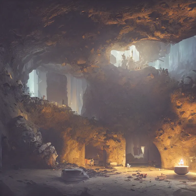 Image similar to secret overwatch habitation quarters carved inside a cave, sheltered, magical, natural light, planters, central tree, candle light, cinematic lighting, clean lines, cozy, fantasy, minimalist architecture, sharp focus, concept art, by greg rutkowski and craig mullins,, octane render 8 k