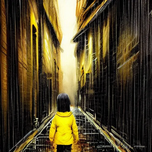 Image similar to A small child wearing a yellow rain coat walking alone in a dark alley,it is raining heavily, scary atmosphere,gloomy lighting, painting , highly detailed , high contrast, beautiful lighting, award winning , trending on art station, 8k, photo realistic