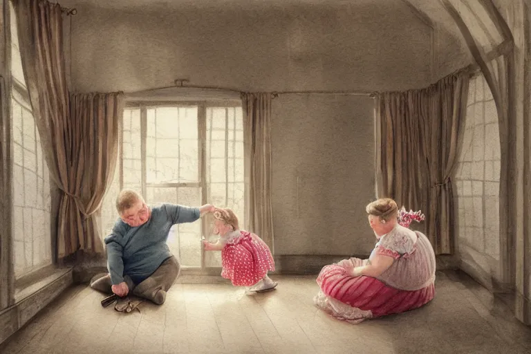 Image similar to charming and chubby parents and their very fat baby girl, wearing a polka dot cloths and a victorian - style hairdo, sits in the large and bright studio. sunlight enters through the barred window. delicate watercolor and pencil on canvas. beautiful lighting, 4 k post - processing, highly detailed, 5 k extremely detailed, 3 d. cinematic scene.