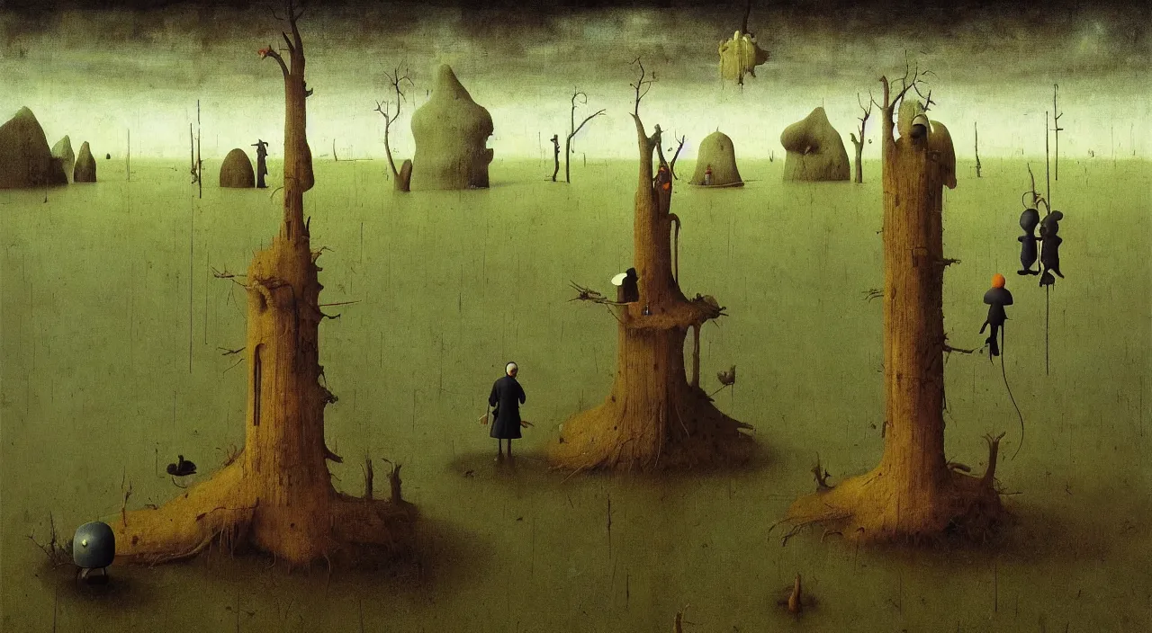 Image similar to single flooded simple!! wooden fungus pole, very coherent and colorful high contrast masterpiece by franz sedlacek hieronymus bosch dean ellis simon stalenhag rene magritte gediminas pranckevicius, dark shadows, sunny day, hard lighting