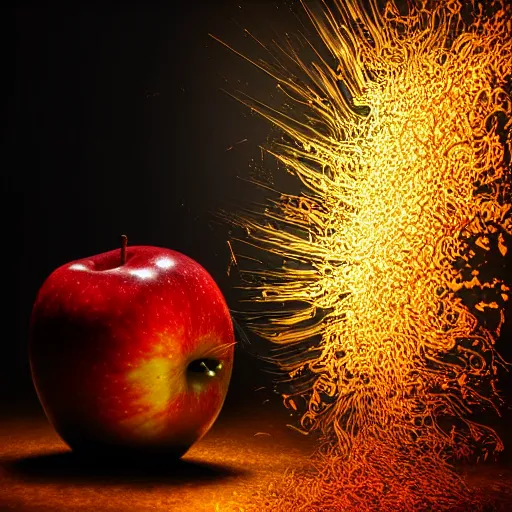 Image similar to explosion of an apple. ultra high definition professional studio quality photograph, dramatic lighting, ray tracing, refraction, shallow d. o. f, colour corrected, golden ratio, three point light. volumetric shadows. light rays.