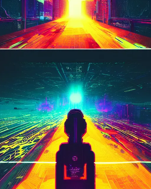 Image similar to Digital world, simulation theory, glitching, scifi, global illumination, unique landscape, fine details, perfect, 8k high detail, masterpiece, trending on ArtStation, by Alena Aenami, Petros Afshar, Liam Wong