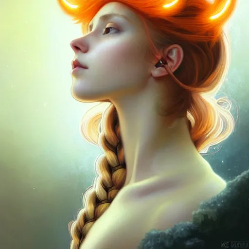 Image similar to Portrait of a girl angel with pale orange colored frizzy strands of illuminated hair, cat ears on her head, glowing halo, Lion's Mane, fantasy, intricate, elegant, highly detailed, digital painting, artstation, concept art, smooth, sharp focus, illustration, art by Krenz Cushart and Artem Demura and alphonse mucha