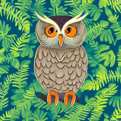 Image similar to an anthropomorphic owl in a lush forest