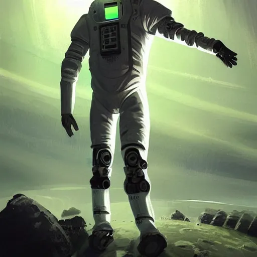 Prompt: a beautiful illustration of an futuristic astronaut with a futuristic white cybernetic spacesuit walking out of a black futuristic spaceship, by greg rutkowski, digital artwork, artstation, cgartists, conceptartworld, deviantart, magic the gathering artstyle, floating magical rocks, lush green meadow