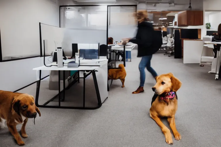 Image similar to pets are working in co - working spaces or modern offices, no people