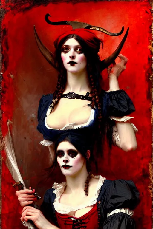 Image similar to solomon joseph solomon and richard schmid and jeremy lipking victorian genre painting portrait painting of a happy young beautiful woman punk rock goth girl german french actress model pirate wench in fantasy costume, red background