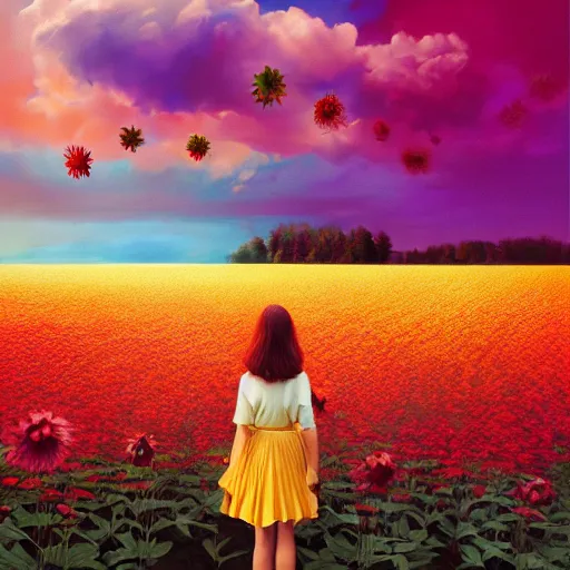 Image similar to giant dahlia flower head, full body girl standing in a flower field, surreal photography, sunrise, dramatic light, impressionist painting, colorful clouds, digital painting, artstation, simon stalenhag