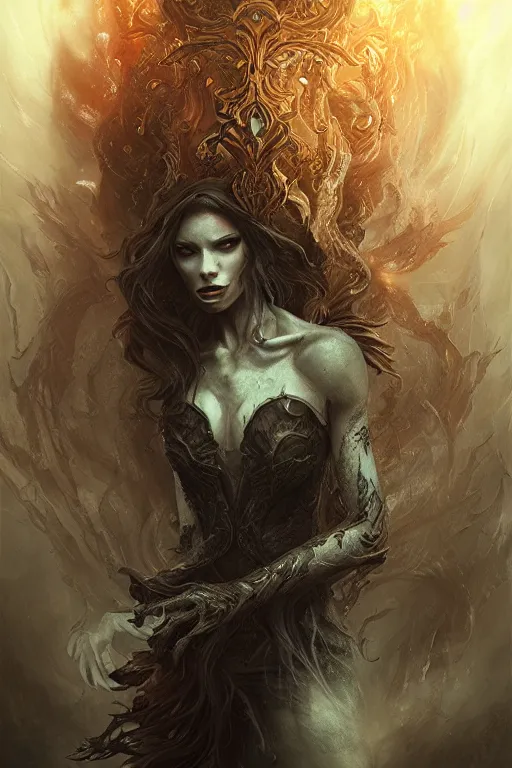 Prompt: Majestic poison queen , intricate, epic, elegant, menacing, fantasy, highly detailed, digital painting, hard focus, beautiful volumetric lighting, epic light, ultra detailed, Horror, souls, ghosts, smoke by Leesha Hannigan, Ross Tran, Thierry Doizon, Kai Carpenter, Ignacio Fernández Ríos