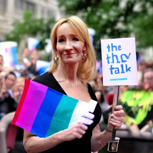 Prompt: a photo of JK Rowling holding a trans flag, flickr