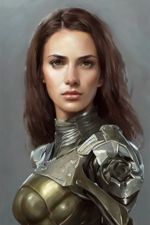 Image similar to a professionally painted portrait of an attractive young woman, clothed in military armor, olive skin, long dark hair, beautiful bone structure, symmetrical facial features, intricate, elegant, digital painting, trending on Artstation, concept art, smooth, sharp focus, illustration, from Metal Gear by Ruan Jia and Mandy Jurgens and Artgerm and William-Adolphe Bouguerea, award winning