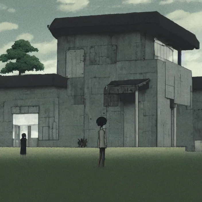 Prompt: a building in a serene landscape, serial experiments lain