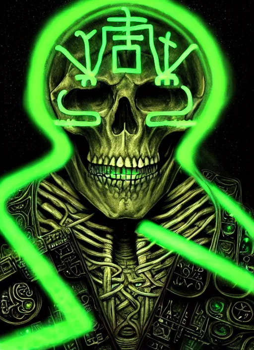 Image similar to portrait of ancient skeleton writing runes into personal computer with glowing green keys, runes, runic words, ancient evil letters, glowing green, intricate, elegant, glowing lights, highly detailed, digital painting, artstation, concept art, smooth, sharp focus, illustration, art by wlop, mars ravelo and greg rutkowski