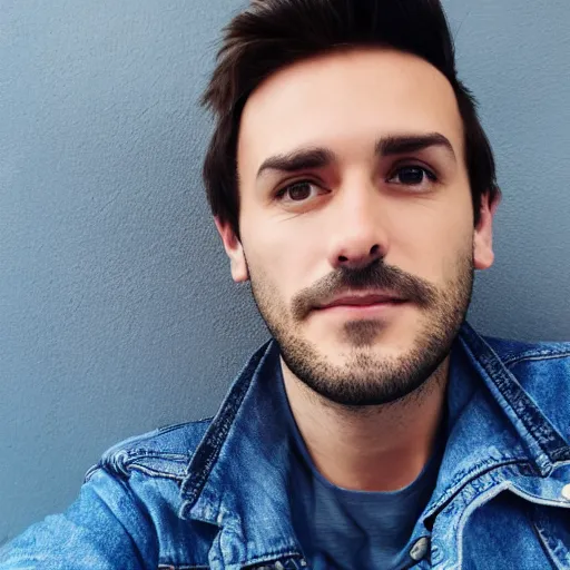 Prompt: Man young short facial hair brown hair wearing blue jacket leaves background selfie