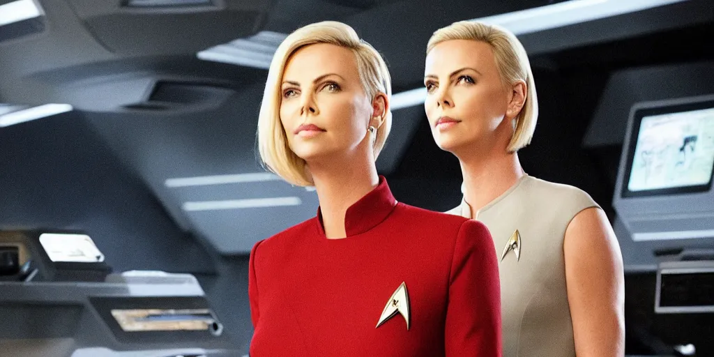 Image similar to Charlize Theron, in full starfleet uniform, is the captain of the starship Enterprise in the new Star Trek movie