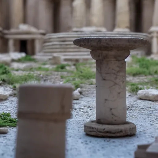 Image similar to a cinematic film still of a claymation stop motion film starring cute caracal, big wooden barrel, ancient greek city, marble temple columns, olive trees, shallow depth of field, 8 0 mm, f 1. 8