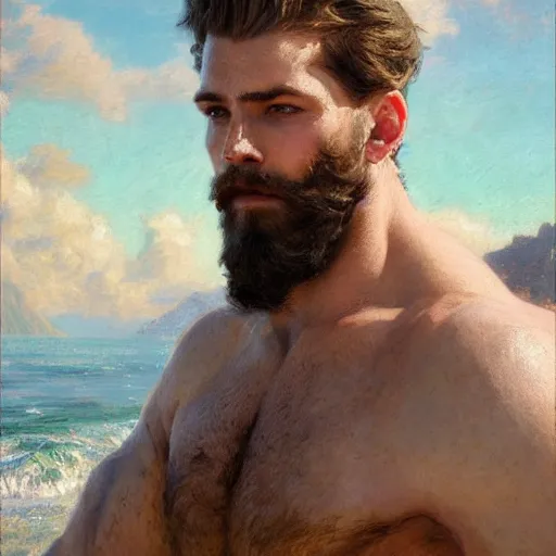 Image similar to detailed cinematic wide shot of muscular attractive young man beard slim face symettrical face clean skin blue eyes white hair wearing sea clothes, ultra realistic, spring light, painting by gaston bussiere, craig mullins, j. c. leyendecker