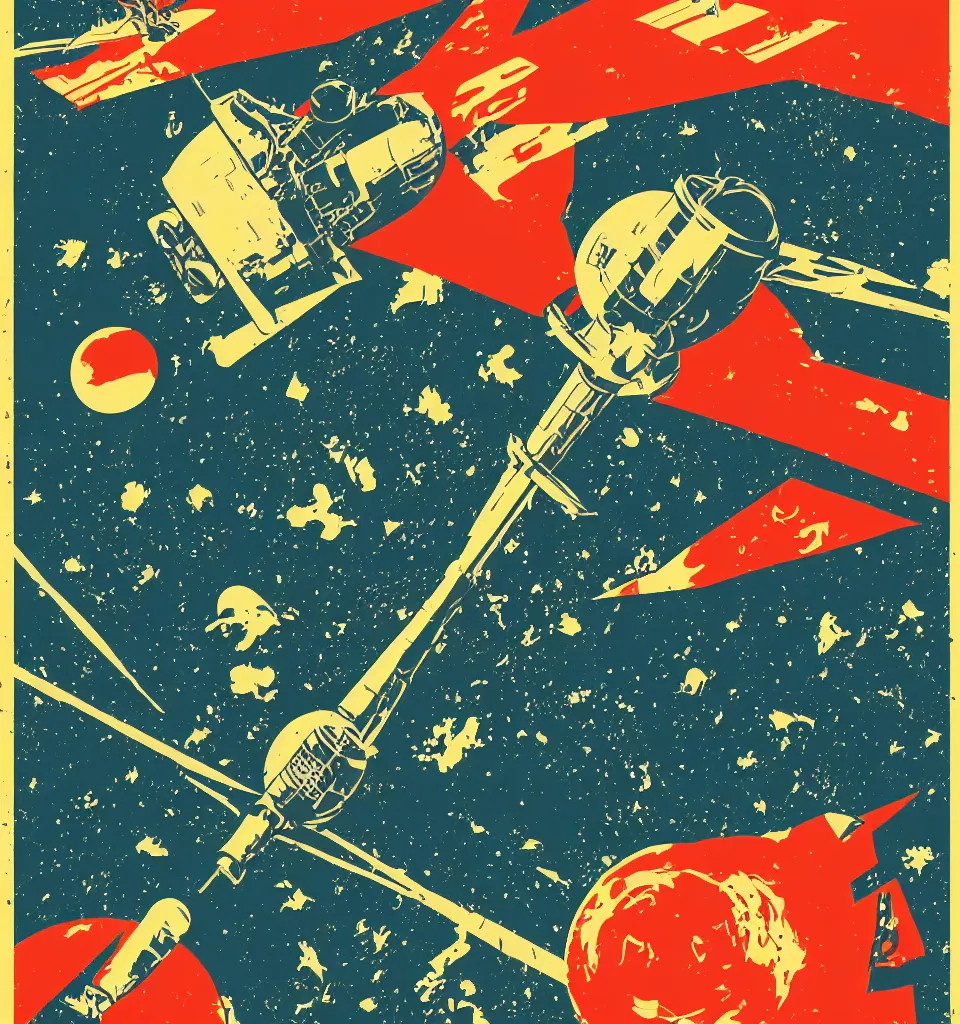 Prompt: a propaganda style poster for space travel. in the style of Shepard Fairey.